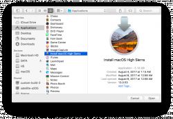 Zrzut ekranu folderu aplikacji w macOS z podświetlonym instalatorem macOS High Sierra.