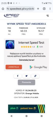 Zrzut ekranu z testu prędkości internetu Orange Mobile z wynikami pobierania i wysyłania.