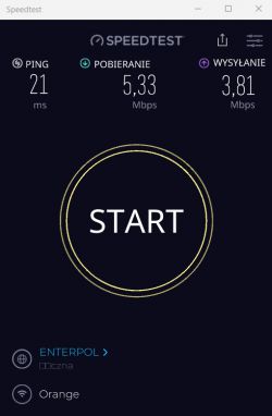 Zrzut ekranu z aplikacji Speedtest pokazujący wyniki prędkości internetu mobilnego Orange.