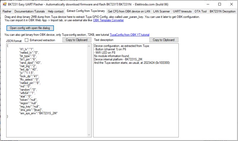 Screenshot of BK7231 Easy UART Flasher showing JSON output and a device configuration text description
