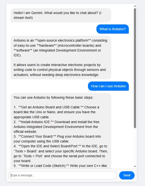 Screenshot of a Gemini chat with questions about Arduino and replies as paragraphs and a step-by-step list.