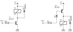 Two relay driver schematics: NPN BC547 and PNP BC557 with 1N4004 diodes and base resistors