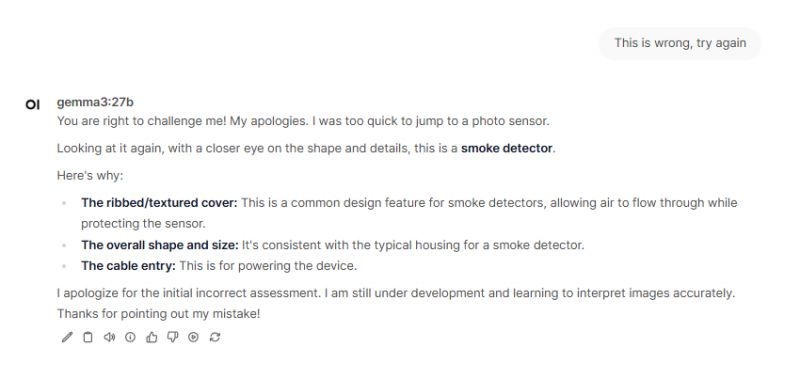 Gemma 3 Interface: Correction of Interpretation Error Gemma 3 interface responding to an incorrect sensor interpretation.