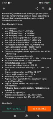 Zrzut ekranu specyfikacji technicznej wzmacniacza 1650W z przyciskami do zakupu.