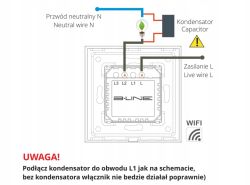 Wiring diagram for B-LINE Wi‑Fi switch with capacitor, live L and neutral N wires, and a lamp