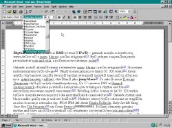 Zrzut ekranu Worda w Windows 95 z błędnie wyświetlonymi polskimi znakami i listą czcionek