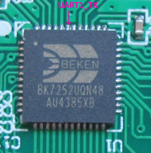 Close-up of BEKEN BK7252UQN48 chip with labeled UART1_TX pin