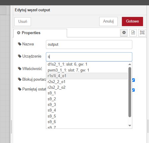 Edit output node window with device selection list Window for editing the output node properties with a dropdown device selection list.