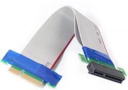 PCIEe adapter with ribbon cable and blue ends.