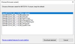 “Choose firmware variant” dialog with a list of OpenBK7231N files and Download selected/Cancel buttons