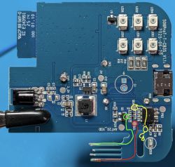 PCB with soil moisture sensor and colored wire connections marked