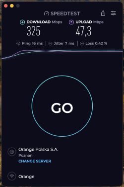 Zrzut ekranu Speedtest: pobieranie 325 Mb/s, wysyłanie 47,3 Mb/s, ping 16 ms, strata 0,42%