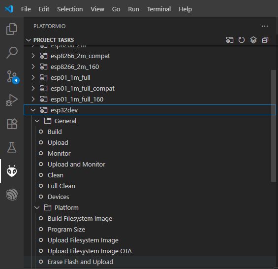 PlatformIO view with esp32dev project expanded and compile tasks listed