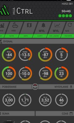 Zrzut ekranu z aplikacji HUA CTRL pokazujący parametry sygnału sieci 4G i 5G