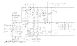 Schemat wzmacniacza klasy D DA150 z oznaczeniami elementów elektronicznych.
