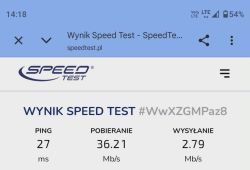 Zrzut ekranu z Speedtest.pl z wynikiem: ping 27 ms, pobieranie 36,21 Mb/s, wysyłanie 2,79 Mb/s