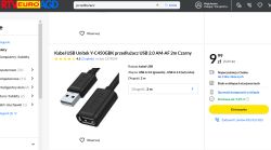 Zrzut strony RTV EURO AGD z ofertą przedłużacza USB Unitek 2 m i ceną 9,99 zł.
