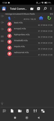 Zrzut ekranu aplikacji Total Commander pokazujący listę plików z rozszerzeniem .m3u w folderze na urządzeniu z systemem Android.
