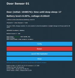 Screenshot of a door sensor interface showing connection status, battery level, and other technical data.