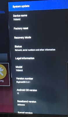 Ekran ustawień Android TV Boxa T95MAX, pokazujący informacje o urządzeniu i systemie operacyjnym.
