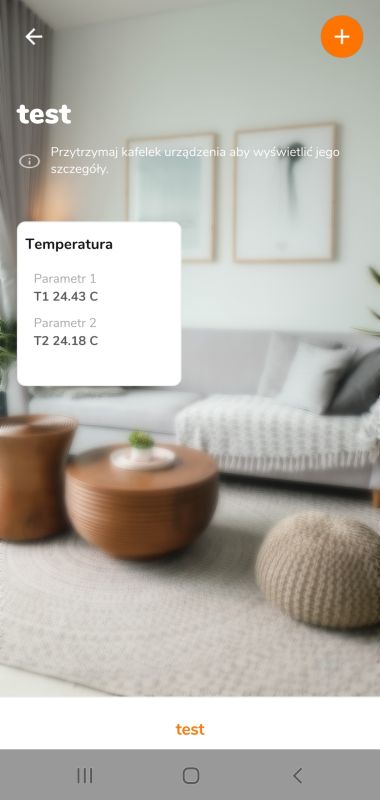 Ekran aplikacji smart home z kafelkiem „Temperatura” i odczytami T1 24,43°C oraz T2 24,18°C