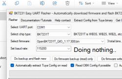 BK7231 Easy UART Flasher Application BK7231 Easy UART Flasher application window with flashing settings.