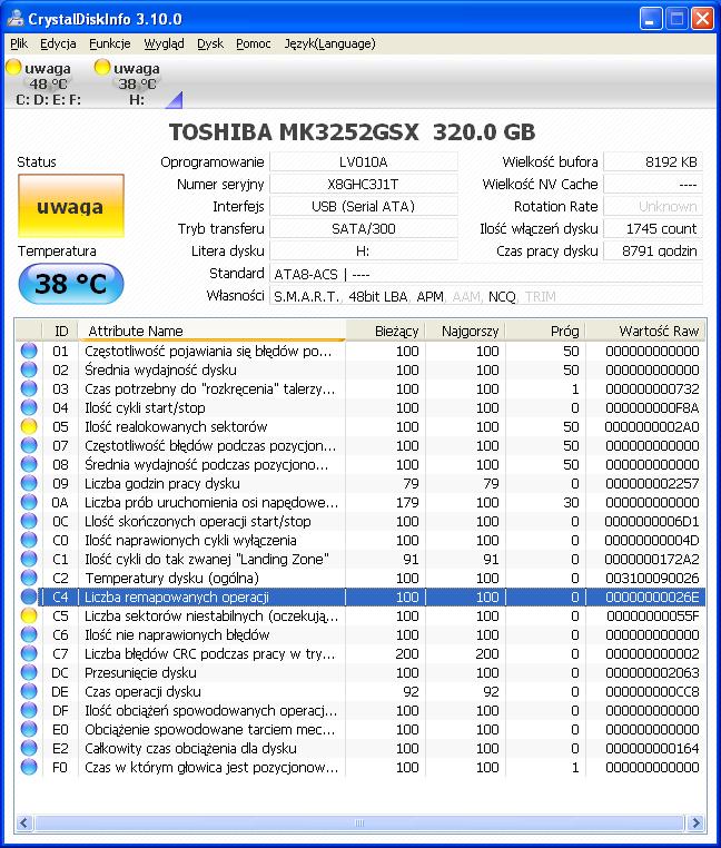 Toshiba MK3252GSX 320GB - błąd danych CRC przy kopiowaniu plików, odczyt SMART