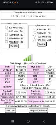Zrzut ekranu aplikacji HManager z parametrami połączenia LTE.