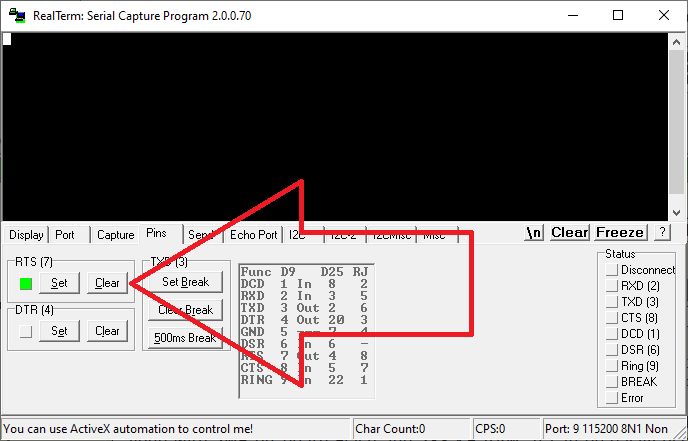 RealTerm Program Settings Highlighting RTS and DTR Screenshot of RealTerm program showing RTS and DTR settings.