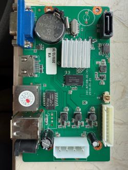 V16-H1 Recorder Mainboard with CR2032 Battery Top view of an electronic device mainboard with components, ports, and a CR2032 battery.