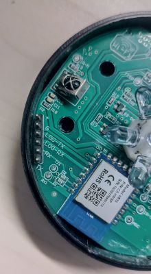 IR+RF Remote Circuit Board with Labeled Pins Close-up of a circuit board of IR+RF remote with labeled pins.