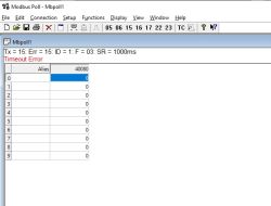 Zrzut ekranu z programu Modbus Poll pokazujący błąd Timeout Error podczas próby odczytu danych z urządzenia.