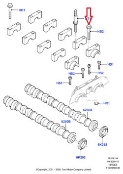 Schemat części wałków rozrządu silnika Ford Duratec 1.6 z oznaczeniami śrub.