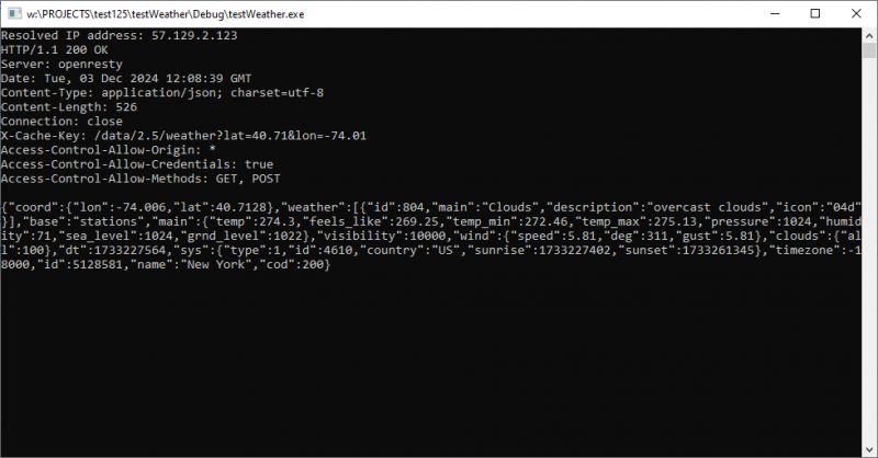 Displaying OpenWeatherMap Weather Data in Windows Console Windows console with weather information from OpenWeatherMap