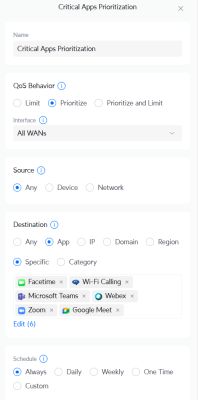 Ekran konfiguracji QoS w Ubiquiti UCG-Ultra z priorytetem dla aplikacji głosowych i wideokonferencji