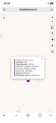 Mapa z informacjami o stacji bazowej Play w miejscowości Gizewo z listą obsługiwanych częstotliwości.
