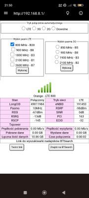 Zrzut ekranu ustawień połączenia sieciowego z wyborem pasm LTE.