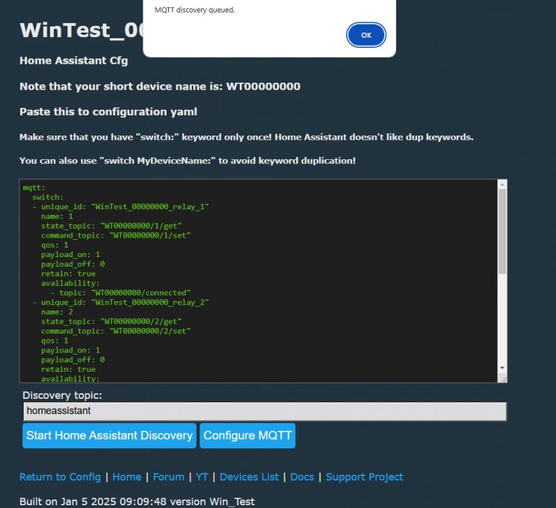 Screenshot of Home Assistant configuration for the WinTest_00000000 device using MQTT.