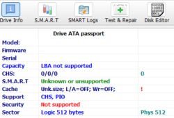 Zrzut programu diagnostycznego dysku z błędami SMART i informacją „LBA not supported”