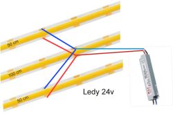 Schemat połączenia taśm LED 24V o długościach 50 cm, 100 cm i 50 cm do zasilacza przy użyciu przewodów.