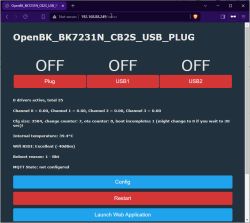 Screenshot of OpenBK web panel with Plug, USB1, and USB2 controls all set to OFF