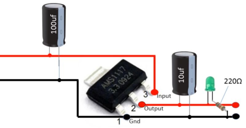 Circuit diagram with AMS1117, 100µF and 10µF capacitors, and a green LED with 220Ω resistor
