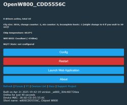 OpenW800 control panel with configuration, restart, and web application buttons.