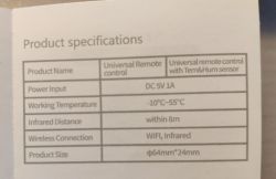 Universal Infrared Remote Control Specifications Product specifications on the packaging of a universal infrared remote control.