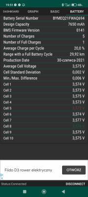 Xiaomi Mi Scooter 3 - różnice napięć ogniw według aplikacji pomiarowej