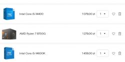 Lista procesorów z cenami: Intel i5-14400, AMD Ryzen 7 8700G, Intel i5-14600K.