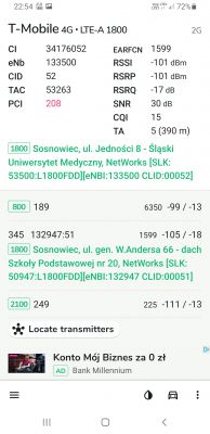 Zrzut ekranu z aplikacji NetMonster pokazujący szczegóły połączenia 4G LTE-A z siecią T-Mobile w lokalizacji Sosnowiec, ul. Jedności 8.