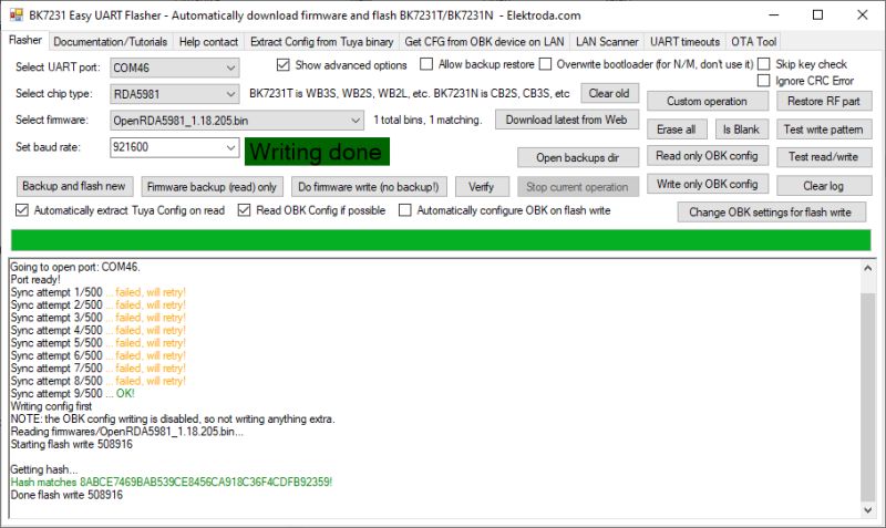 BK7231 Easy UART Flasher interface with firmware write operation completed