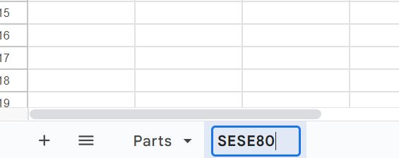 Zrzut ekranu arkusza Google z dwiema zakładkami: Parts i SESE80.
