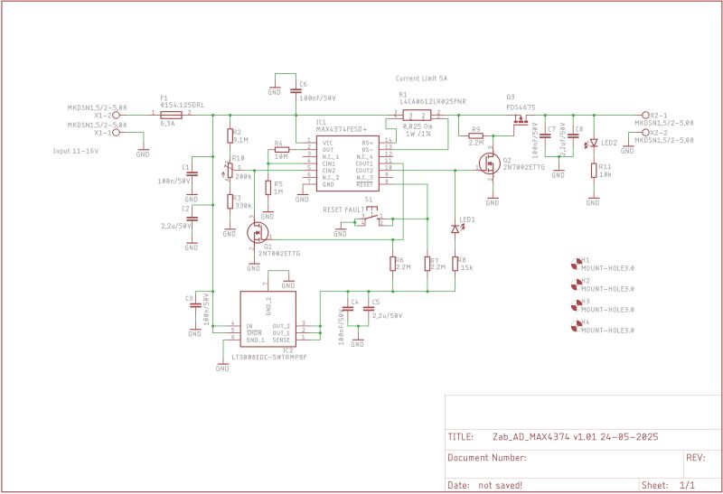Schemat elektryczny automatycznego wyłącznika odbiorników samochodowych z układami MAX4374 i LT3008.